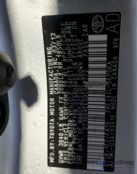 2013 Toyota Corolla Base from USA, damaged, VIN 2T1BU4EE5DCC47772